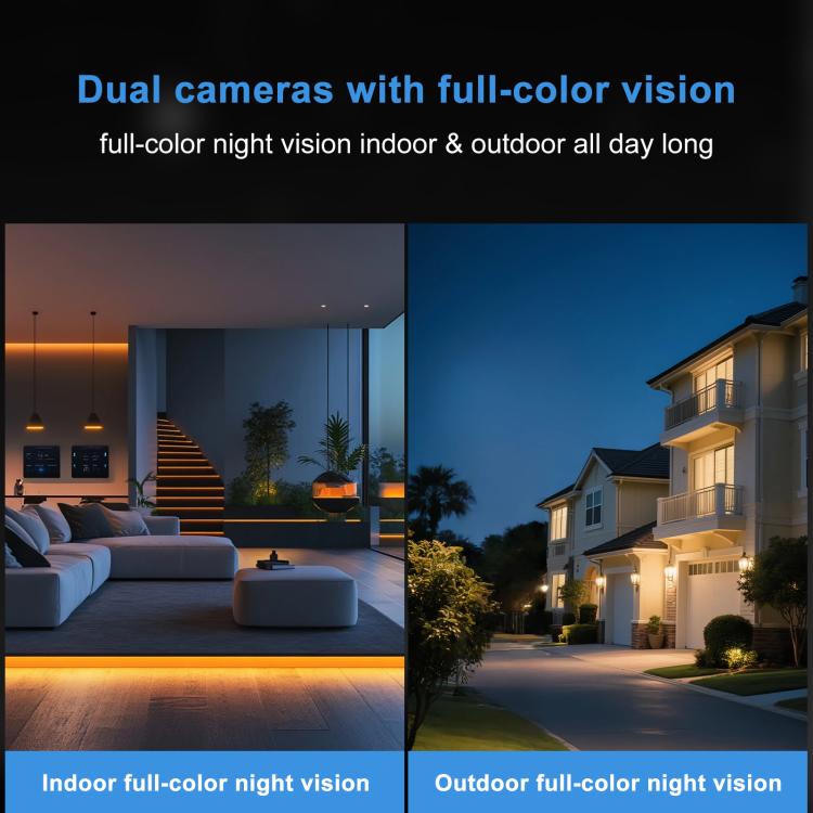 Dual-camera security camera graphic showing full-color day and night vision