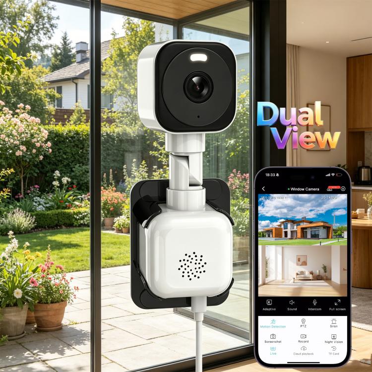 Indoor window security camera with dual-view app screen on a smartphone