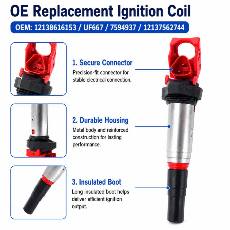Replacement ignition coil with red connector housing, gray metal body, black rubber boot