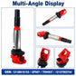 Ignition coil with red connector, gray metal body, and black insulated boot