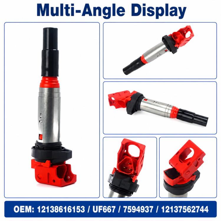Ignition coil with red connector, gray metal body, and black insulated boot
