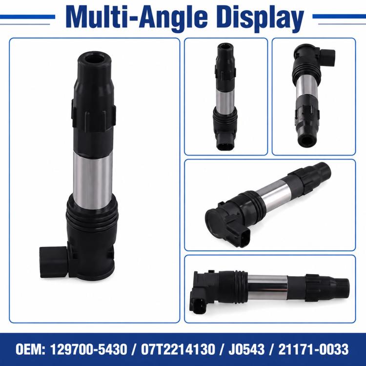 Ignition coil assembly with black connector and silver sleeve, multiple angle views