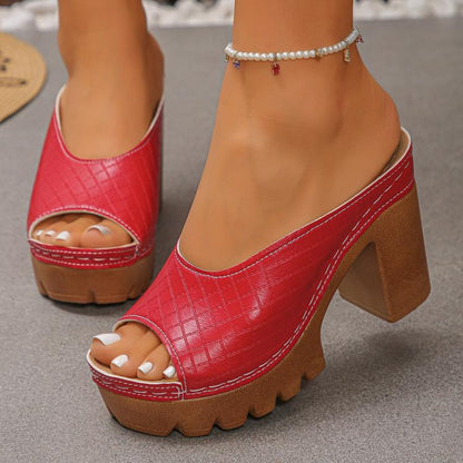 Red peep-toe chunky platform mules with high block heel and slide opening, bead anklet charm