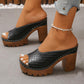 Black peep-toe platform mules with chunky block heels and beaded ankle strap