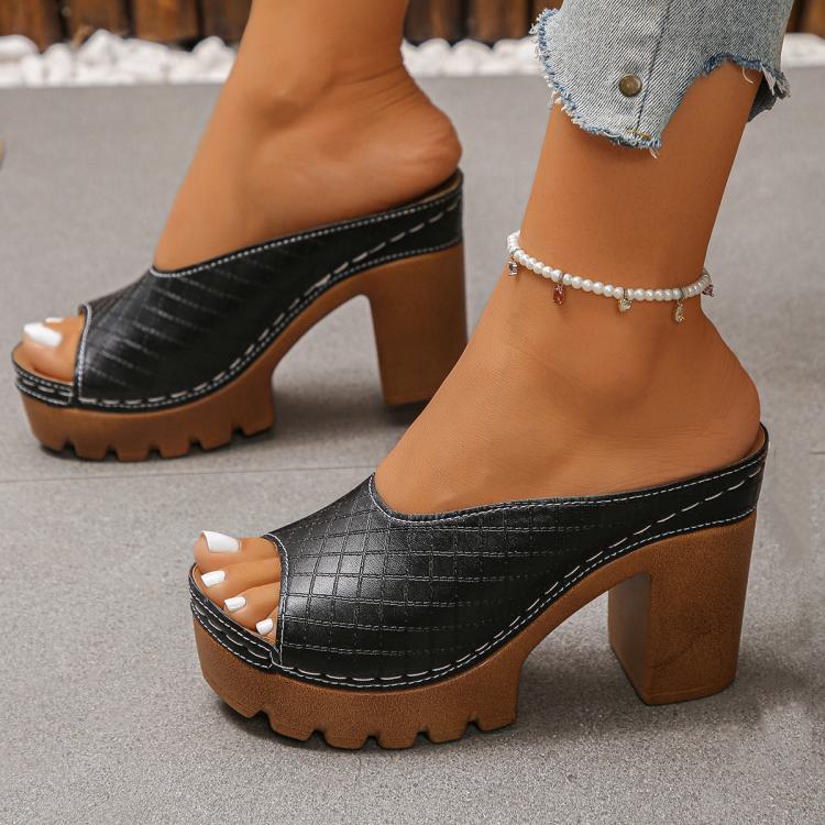 Black chunky platform mules with peep toe, high block heel, and beaded ankle strap detail