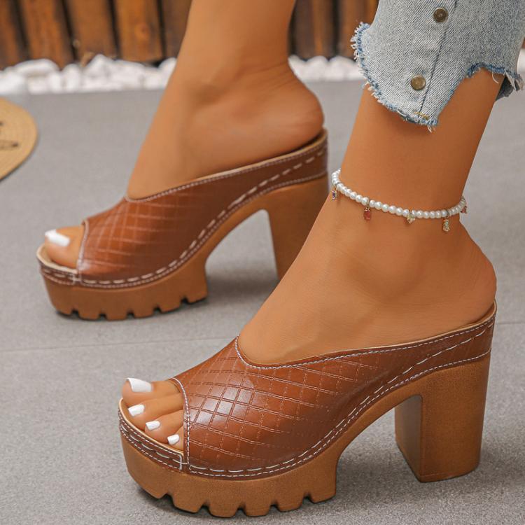Brown peep-toe platform mules with thick sole and stacked block heel