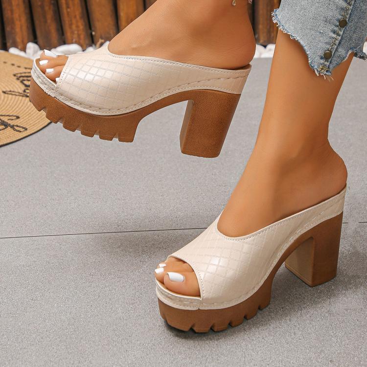 White peep-toe mule sandals with chunky block heel and platform base