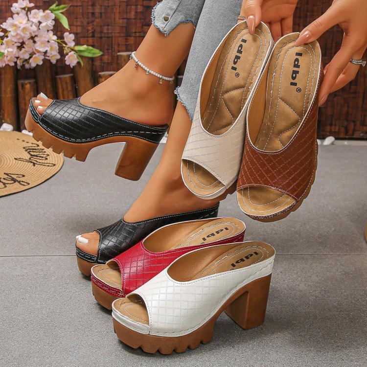 Mixed-color peep-toe platform mule sandals with chunky block heels and textured uppers