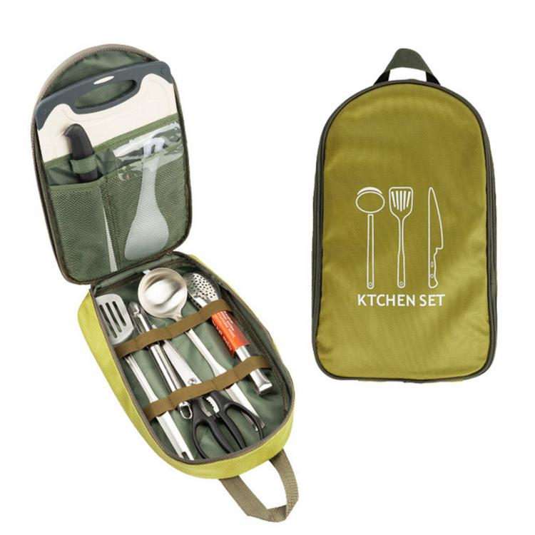 Camping utensil set in fabric case with green lining and stainless utensils