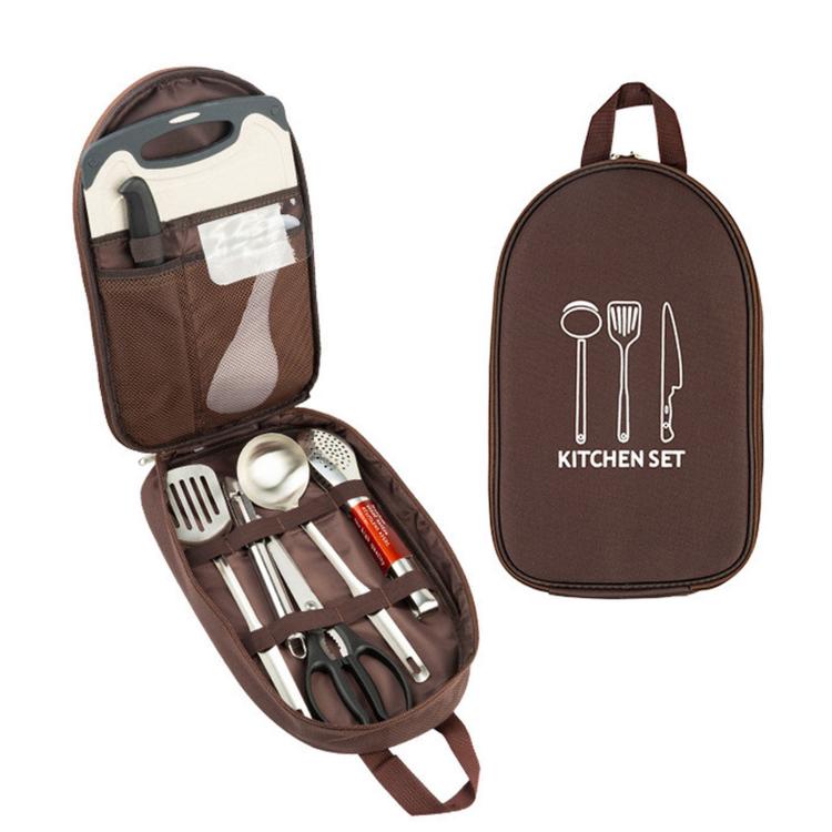 Camping utensil set in brown fabric case with stainless tools and utensil slots