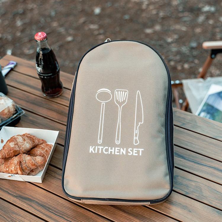 Camping utensil set storage bag, beige exterior with white utensil icon print