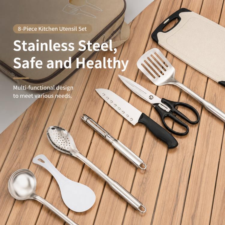 Stainless camping utensil set with spatula, ladle, knives, scissors, and tongs