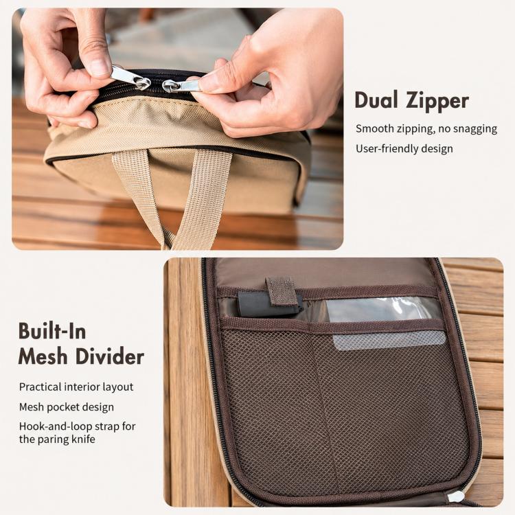 Khaki camping utensil storage bag with dual zipper and mesh divider pocket