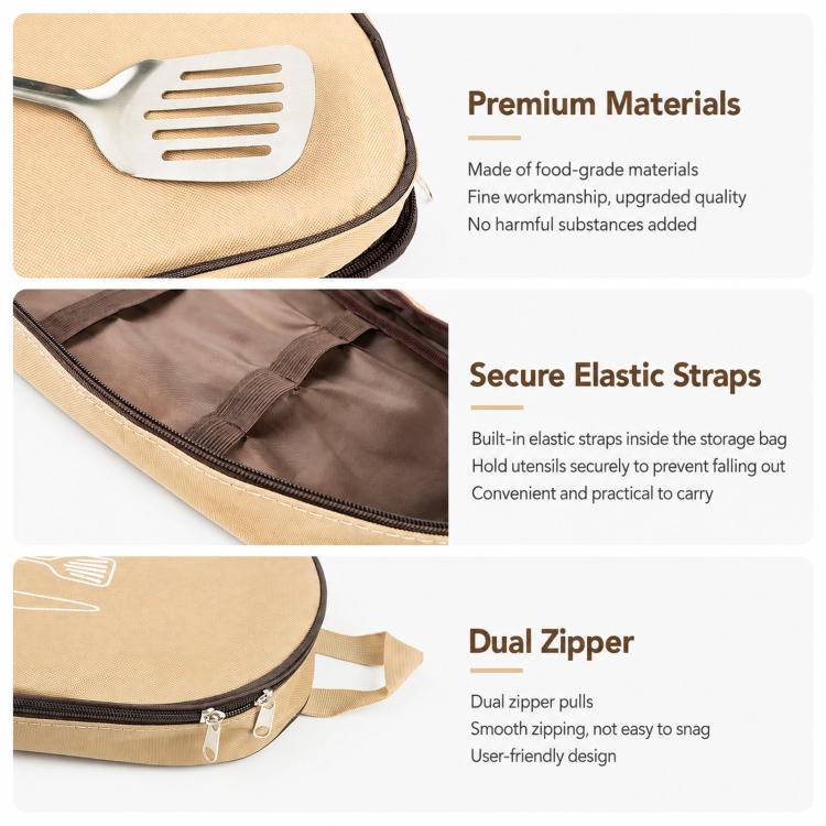 Camping utensil storage bag details with elastic straps and dual zipper