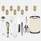 Assorted camping utensils set with ladle, spatula, chef knife, scissors, and cutting board