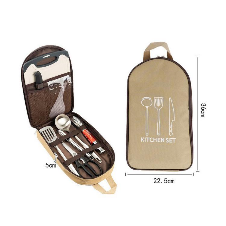 Camping utensil set in fabric case with built-in utensil pockets and carry handle
