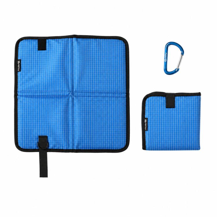 Blue foldable camping seat pad with carabiner, square foam mat with carrying tab