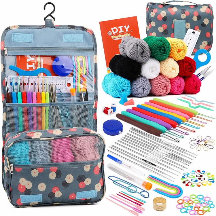 Crochet kit with floral storage bag, colorful yarn balls, hooks, and accessories set