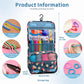 Crochet kit storage bag with hanging hook and colorful yarn, needles, and stitch markers