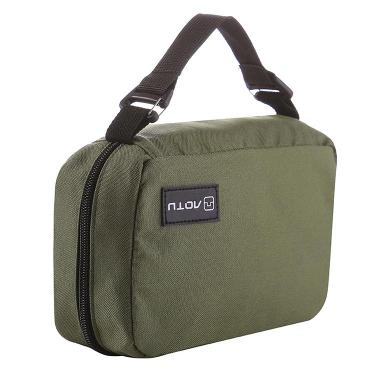 Army green hanging toiletry bag with top zip and carry handle