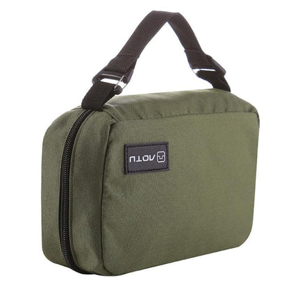 Army green hanging toiletry bag with top zip and carry handle