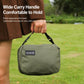 Army green toiletry bag held by its top carry handle