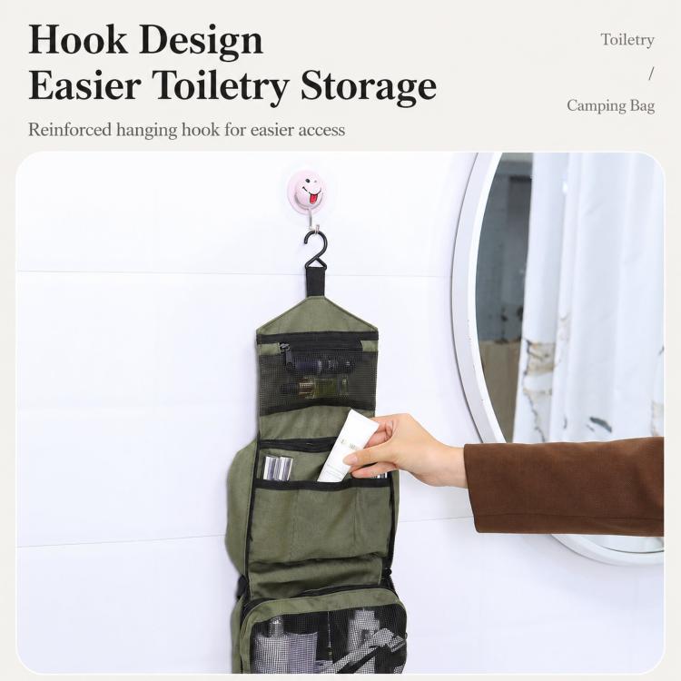 Olive toiletry bag hanging by a hook with front pockets