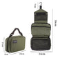 Army green hanging toiletry bag with size dimensions shown