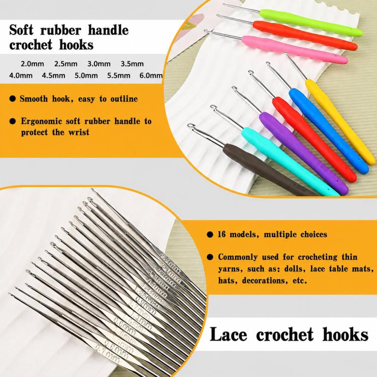 Set of lace crochet hooks with colorful handles and mixed metal tips