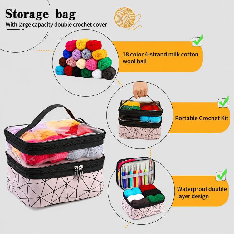 Portable dual-layer crochet storage bag with multicolor yarn balls on top