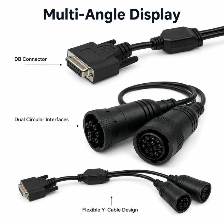 Multi-angle diesel diagnostic cable with DB plug and two circular diagnostic ports