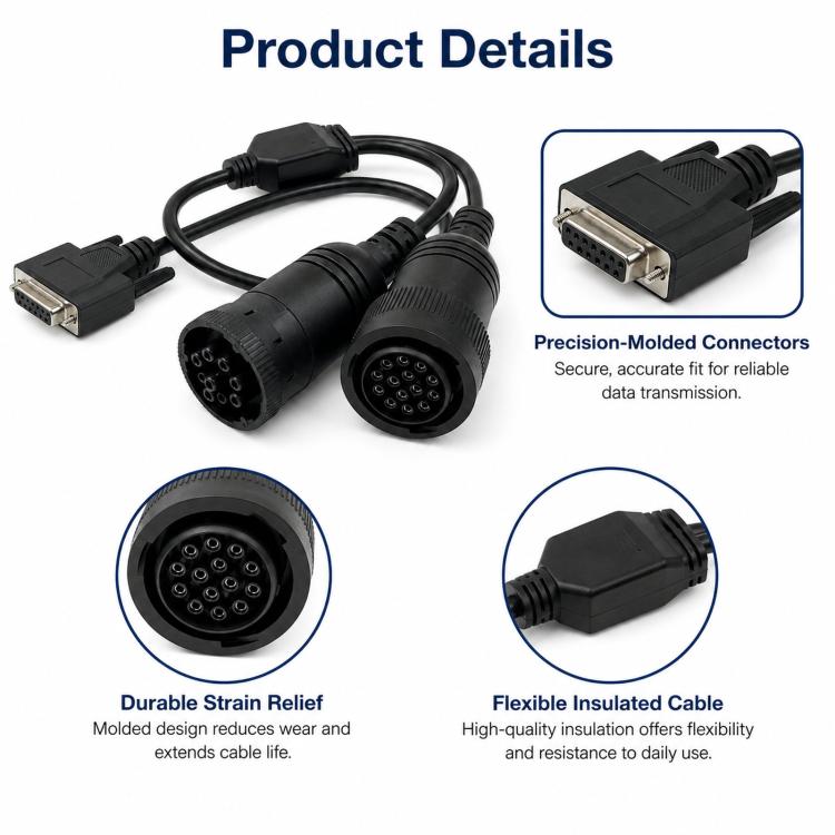 Diesel diagnostic cable with molded DB connector, strain relief, and insulated leads