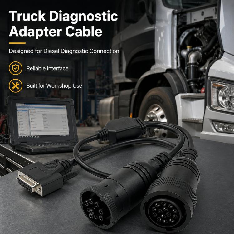 Truck diesel diagnostic adapter cable with DB plug and dual circular ports on table