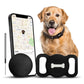 Black pet tracker tag with phone map and dog wearing black collar
