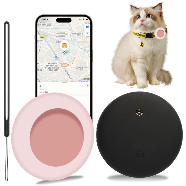 Pink and black silicone pet tracker tags with cat wearing yellow collar