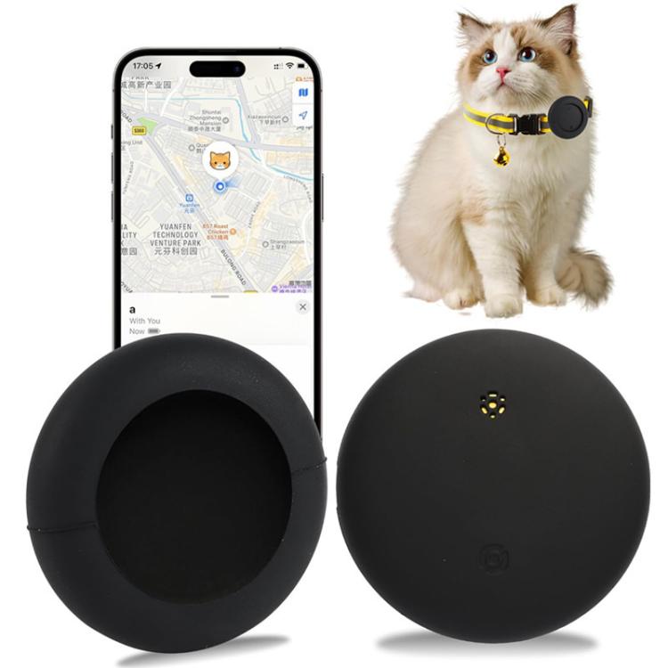 Black silicone pet tracker tag with phone map and cat wearing tracker