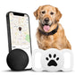 Black and white paw-print silicone pet tracker tags with dog wearing collar