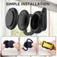Three angles of black silicone pet tracker with hands fastening to collar
