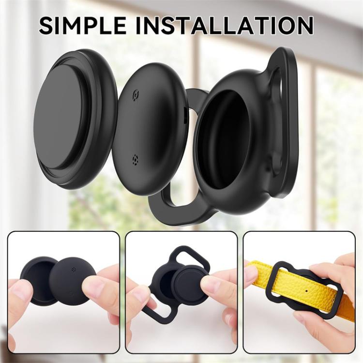 Three angles of black silicone pet tracker with hands fastening to collar