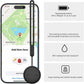 Pet tracker with smartphone display and feature icons for battery and waterproofing