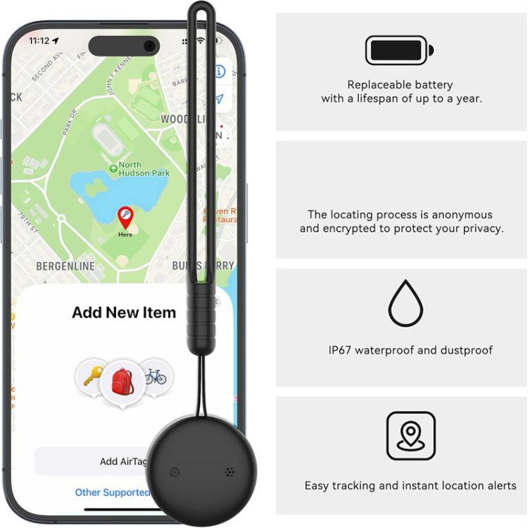 Pet tracker with smartphone display and feature icons for battery and waterproofing