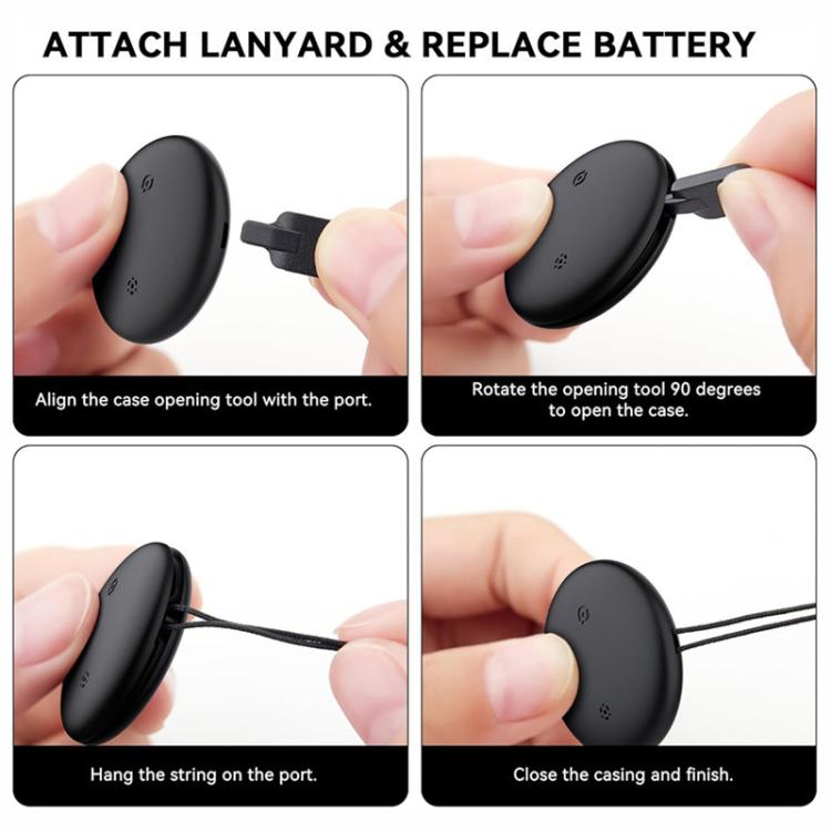Black silicone case pet tracker tag with attachment loop, shown being opened.