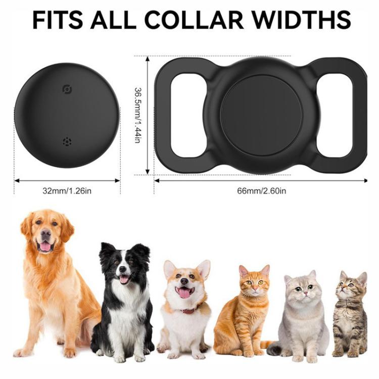Black silicone pet tracker tag with sizing diagram and collar fit bars.
