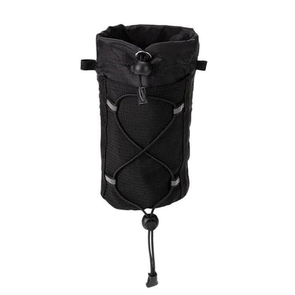 Black mesh water bottle holder pouch with front pocket and drawstring closure