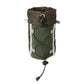 Army green mesh water bottle holder pouch with front pocket and drawstring closure