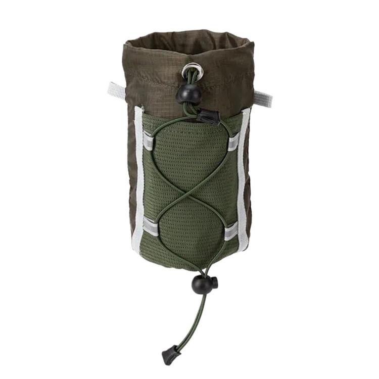 Army green mesh water bottle holder pouch with front pocket and drawstring closure