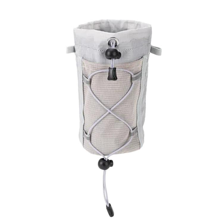Light gray mesh water bottle holder pouch with front pocket and drawstring closure