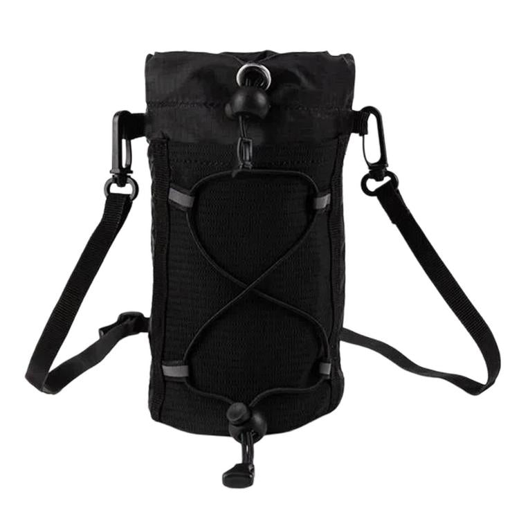 Black water bottle holder pouch with front mesh pocket and crossbody straps
