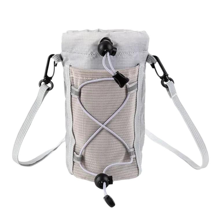 Light gray water bottle holder pouch with front mesh pocket and crossbody straps