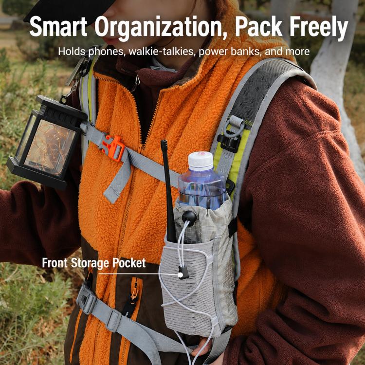 Gray water bottle holder pouch with front pocket and crossbody strap, orange accents